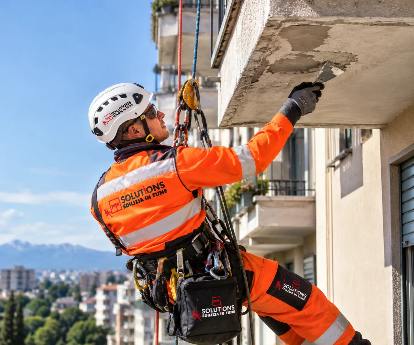 Operatore specializzato MM Solutions in fune durante la messa in sicurezza di un sottobalcone