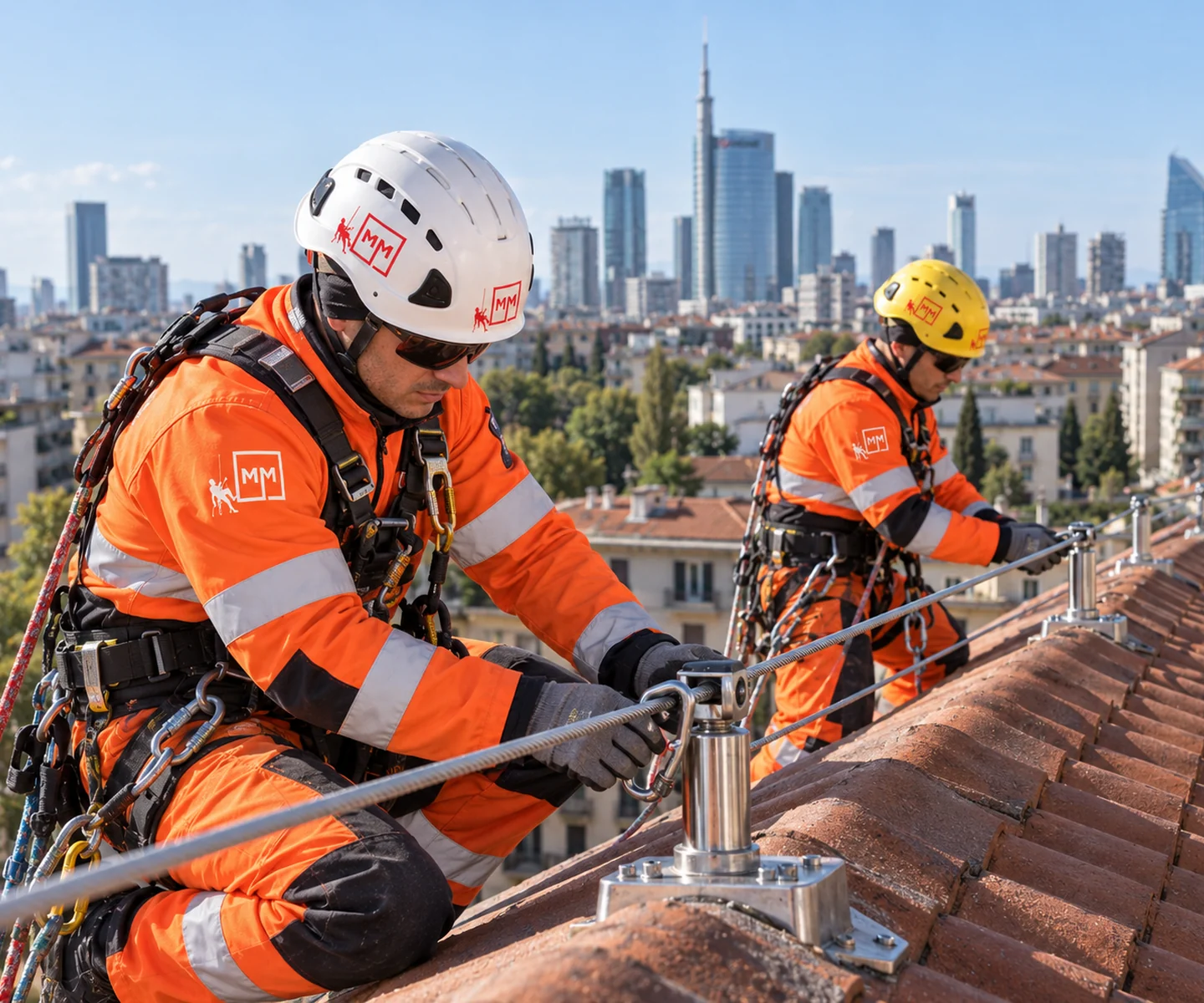 Operatori MM Solutions durante l’installazione e verifica di una linea vita su copertura