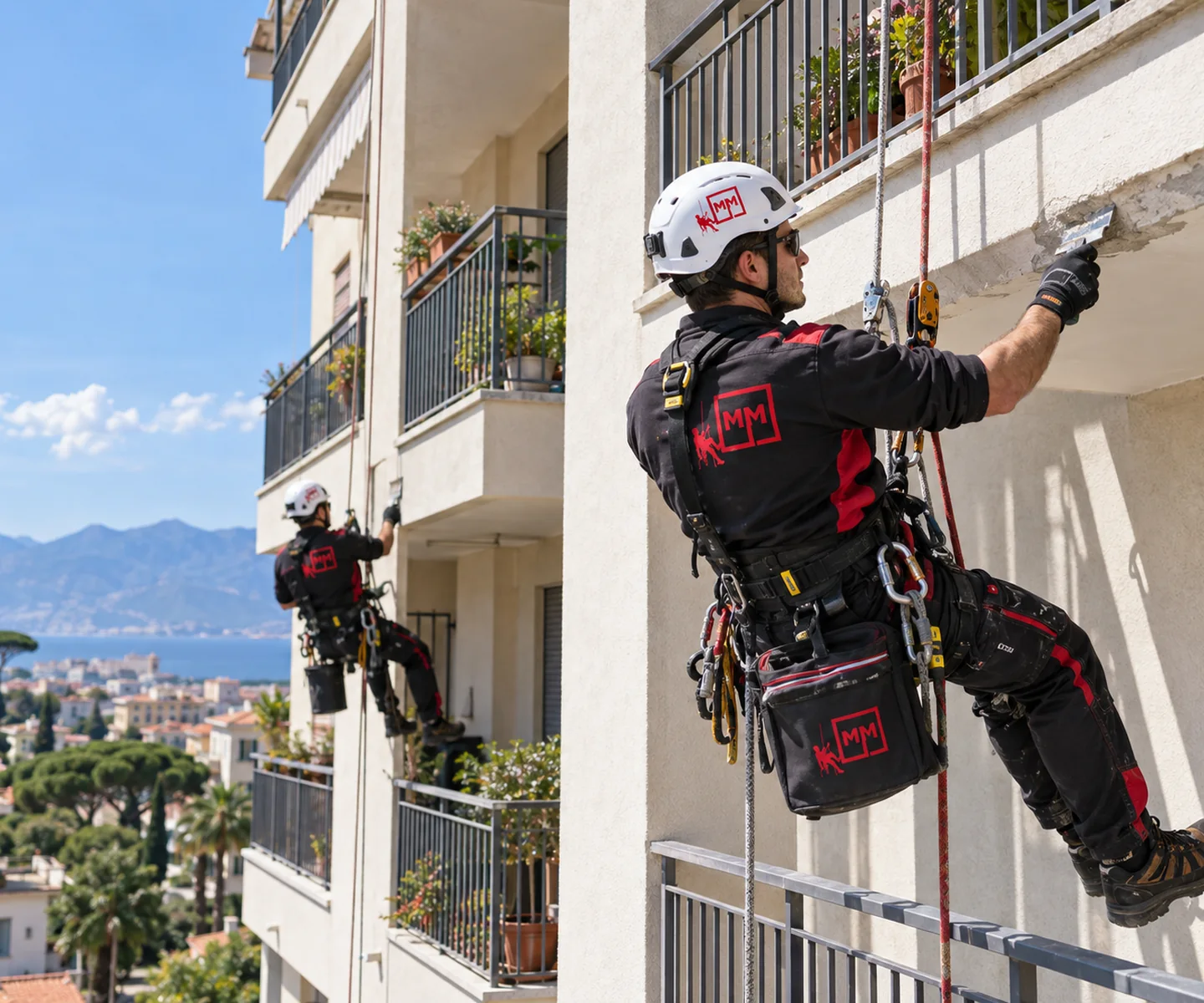 Operatori MM Solutions impegnati in manutenzioni condominiali su fune