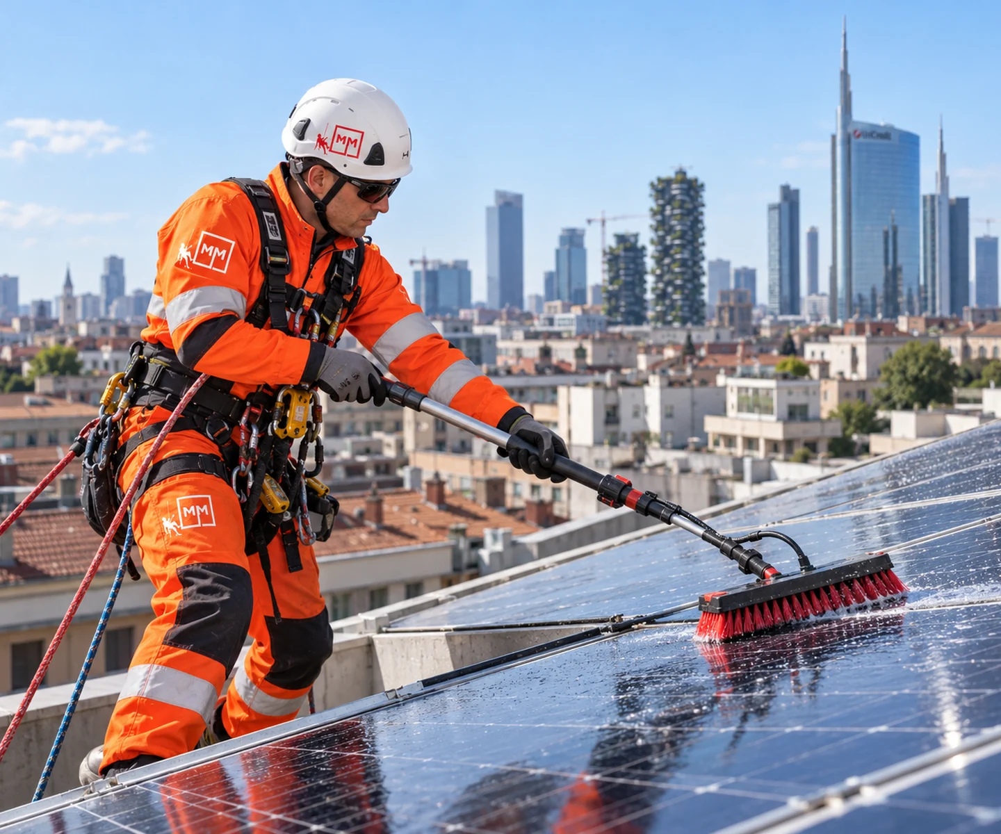 Operatore MM Solutions durante la pulizia professionale di pannelli fotovoltaici in quota