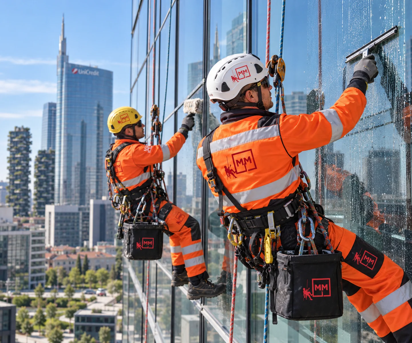 Operatori MM Solutions in fune durante la pulizia delle vetrate di un edificio direzionale