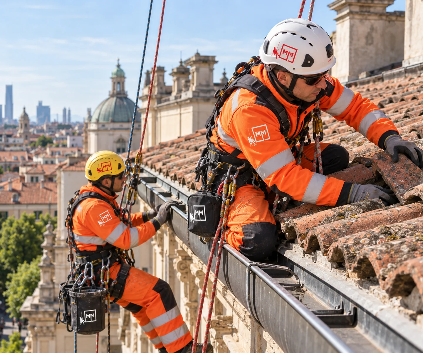 Operatori MM Solutions in sicurezza durante la manutenzione di tetto e grondaie su un edificio storico