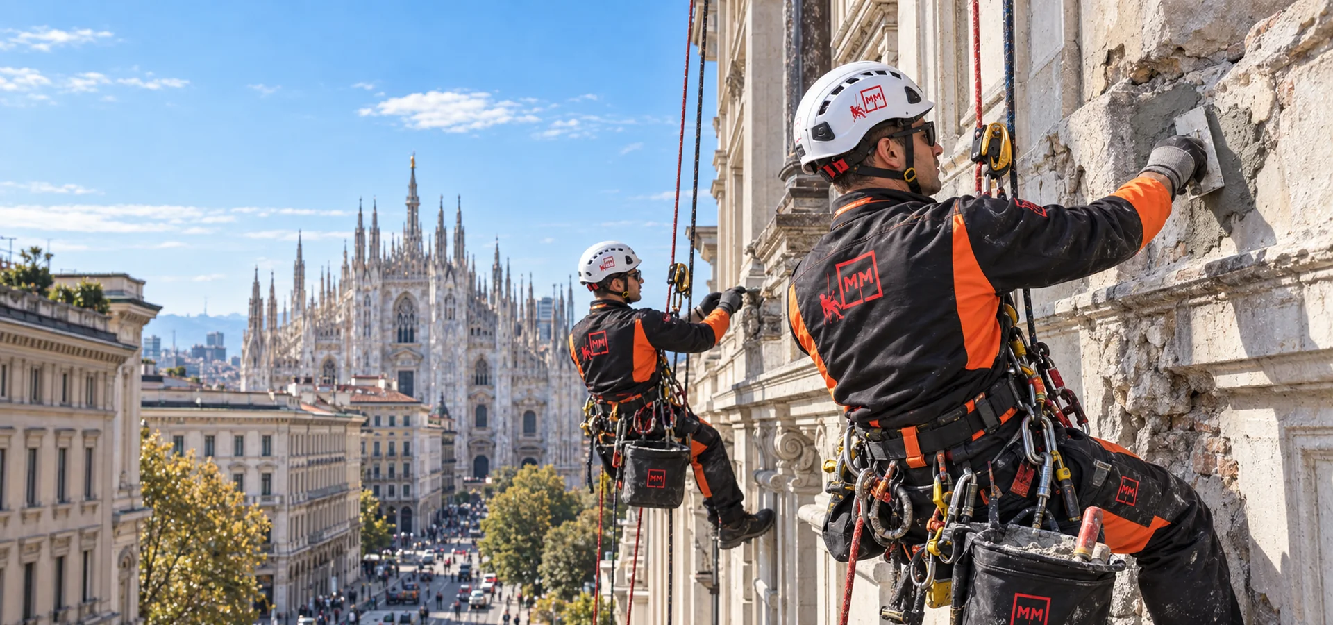 Due operatori MM Solutions in fune durante il ripristino di una facciata ammalorata nel centro di Milano
