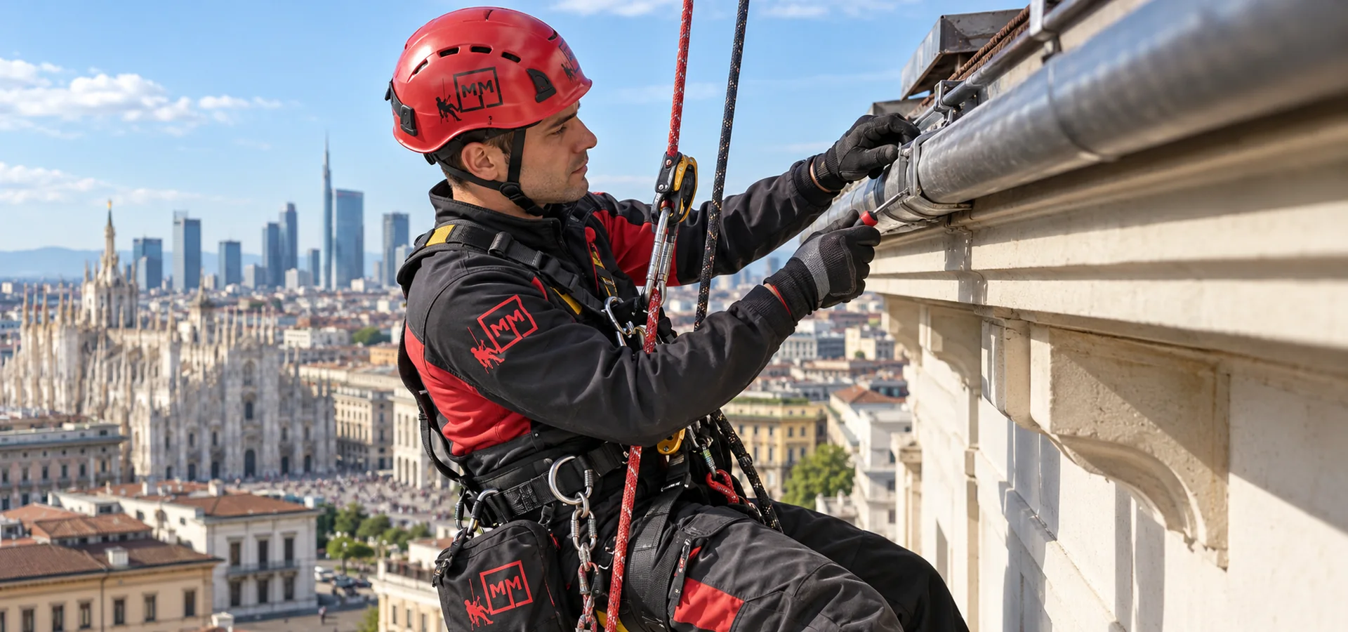 Operatore MM Solutions in fune durante la sistemazione di una grondaia su edificio a Milano
